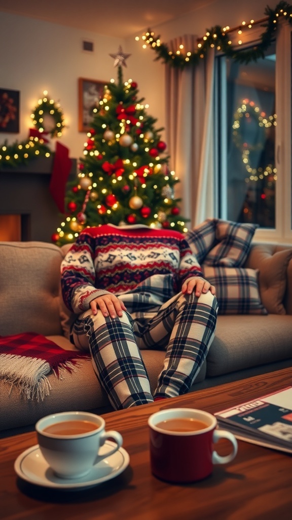 Cozy Christmas Outfit Ideas for Home A person in a festive sweater and plaid pajama pants relaxing in a decorated living room for Christmas.